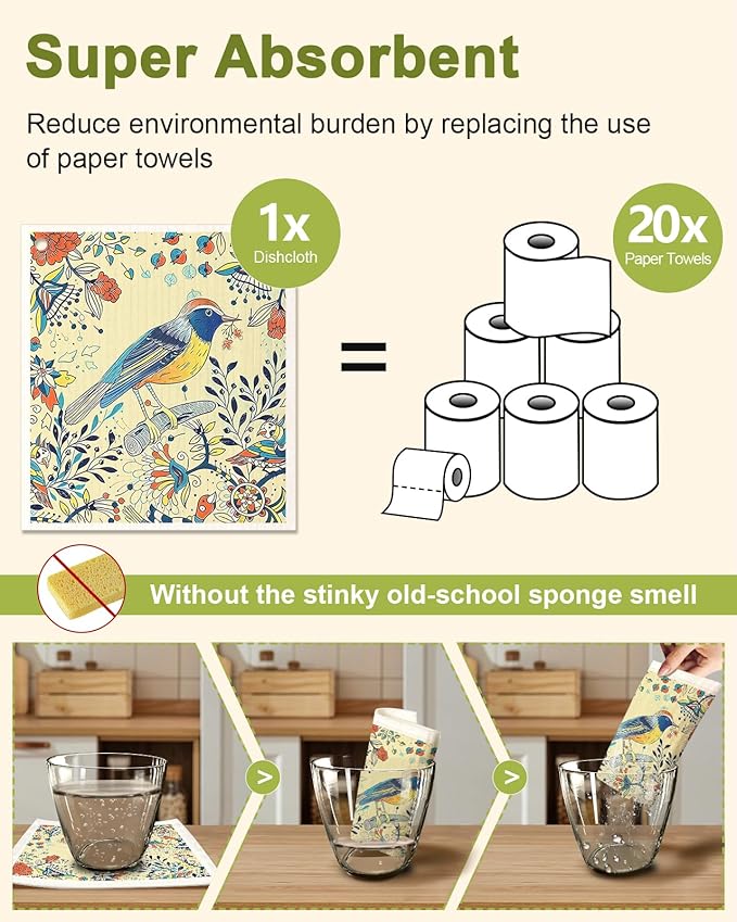 Swedish Dishcloths for Kitchen - 5 Pack Reusable Dish Cloths for Washing Dishes Absorbent Cute Funny Kitchen Towels Cleaning Sponge, Flower Bird