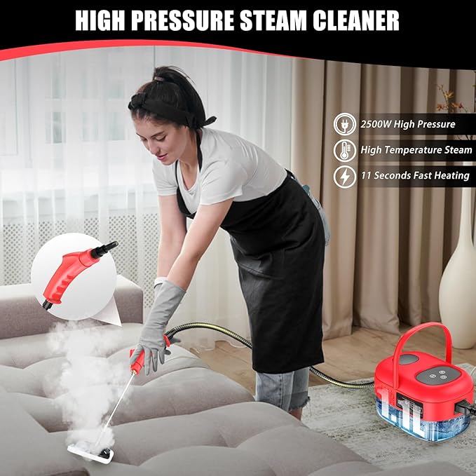 Handheld Steam Cleaner with Touch Screen, Portable Steamer for Cleaning, Hand Held Steamer Cleaner, Pressurized Hand Steam Cleaner for Home Car Detailing Walls Grout Couch Tile Carpet, Red