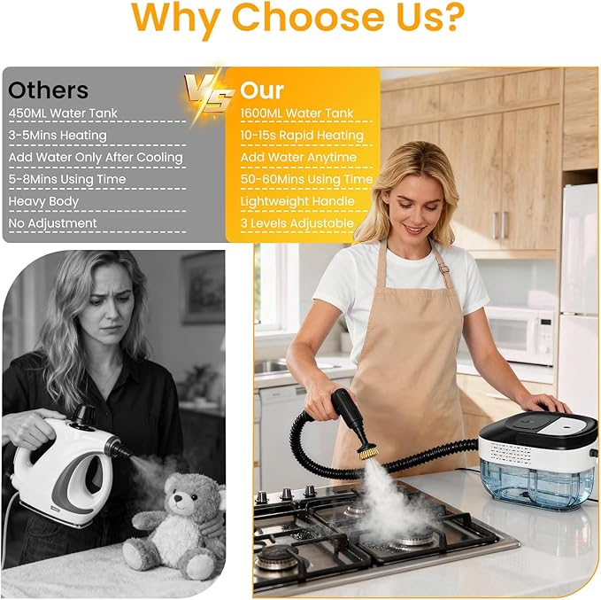 Pressurized Steam Cleaner 1.6L, 3-Level Adjustable Steamer for Cleaning, 10s Heat-Up, 2500W Handheld Steamer Cleaner for Home, Car, Kitchen, Floor, Multi-Surface Cleaning Machine, 22pcs Accessories