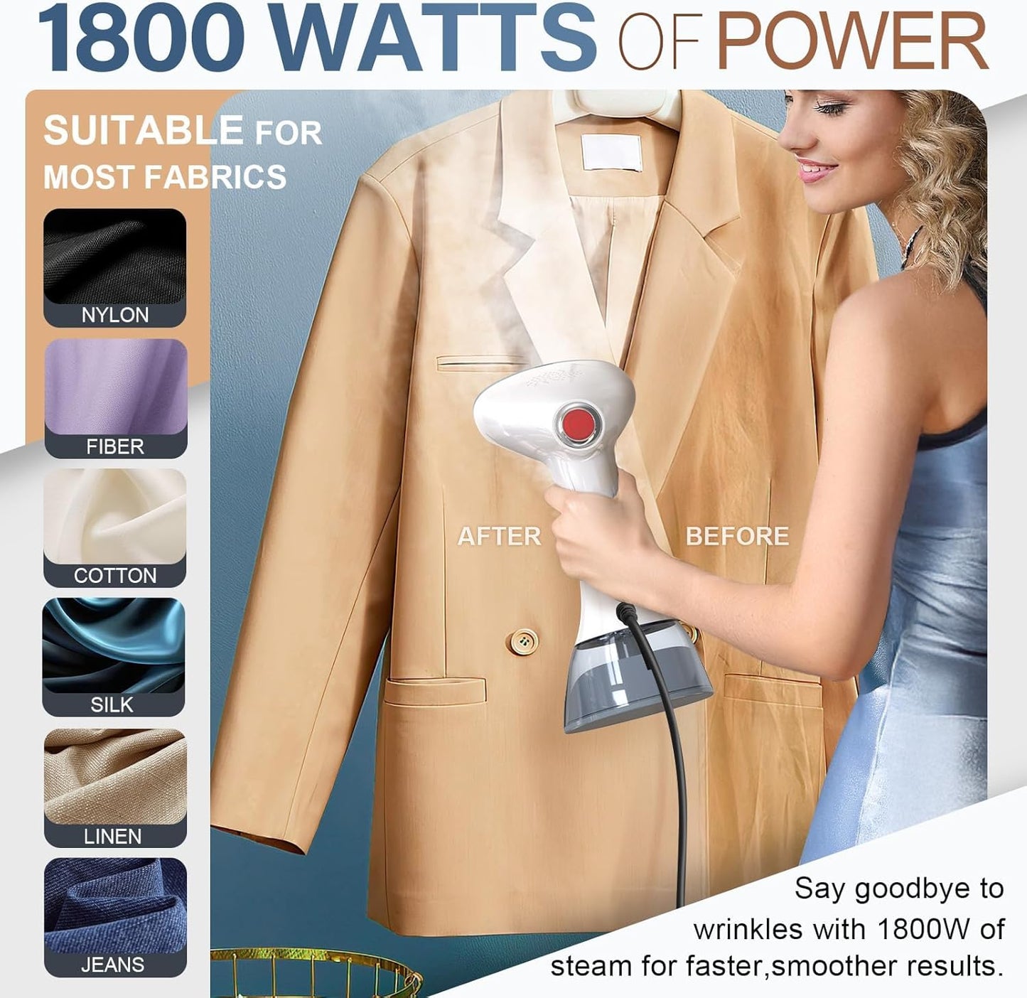 Steamer for Clothes, 1800W Fast Heat-up Clothes Steamer Handheld Garment Steamer with 3 Steam Settings, 380ml Water Tank, 9.8' Cord, Portable Travel Steam Iron for Removes Wrinkle Safe on All Fabrics