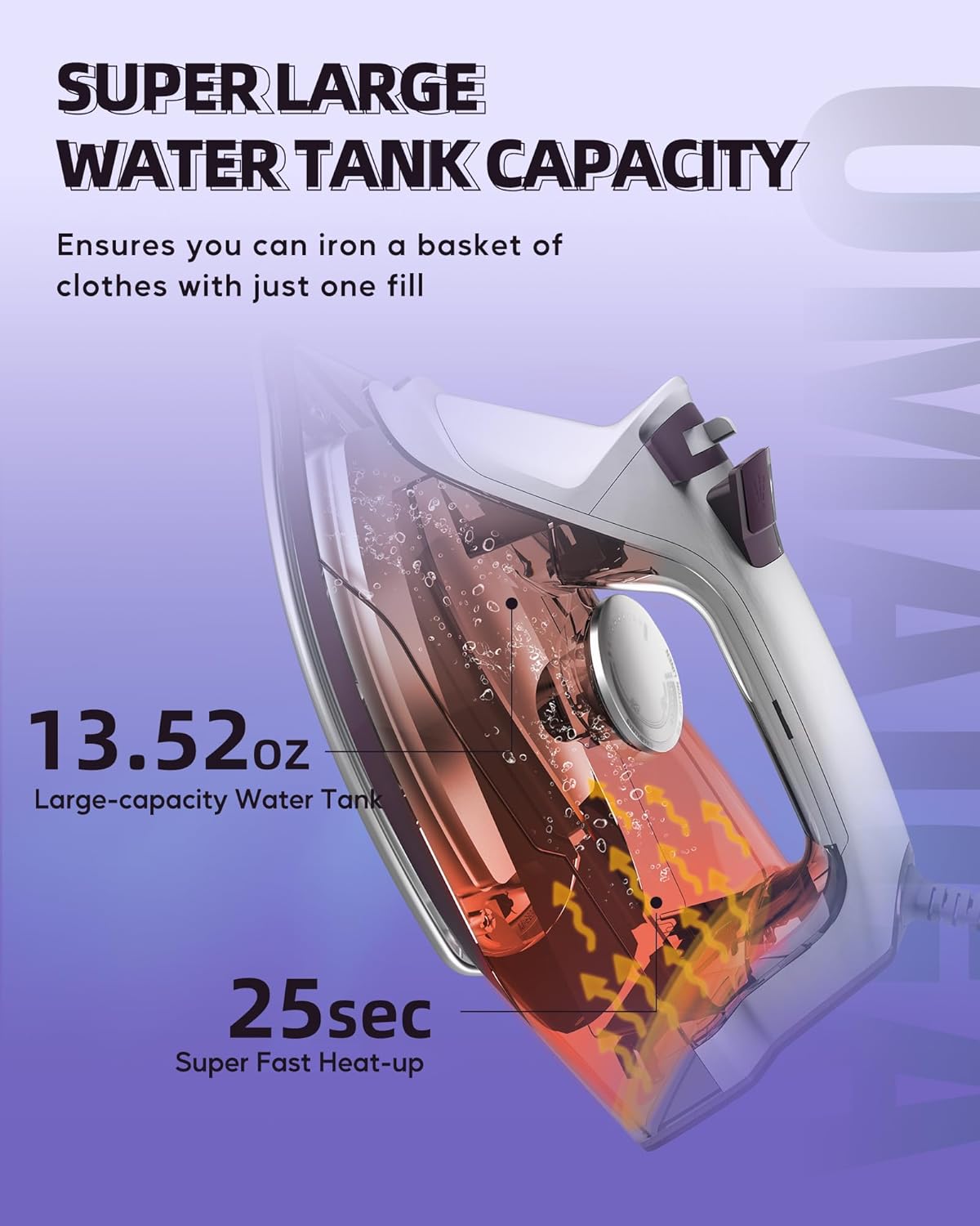Steam Iron for Clothes - 1750W Iron with Upgrade Double-Layer Ceramic Soleplate, Burst of Steam, 3-Way Auto-Off, Self-Cleaning, Anti-Calc, 13.5oz Water Tank Ironing Clothes for Home, Purple