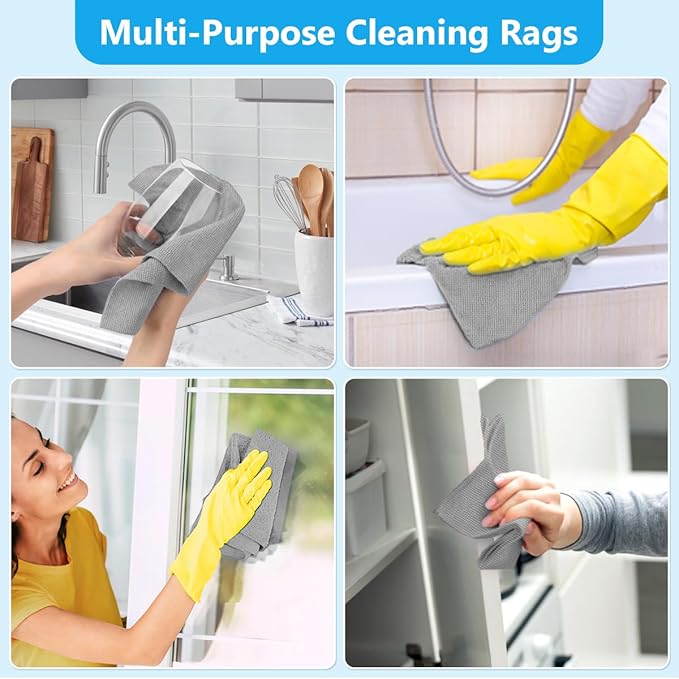 GLIMGLINT Cleaning Rags, 100 Pack Microfiber Cleaning Cloth, Lint-Free, Ultra Absorbent Reusable Paper Towels for Home, Kitchen, Car, Garage or Shop, Dish Rags, 11" x 9", Grey