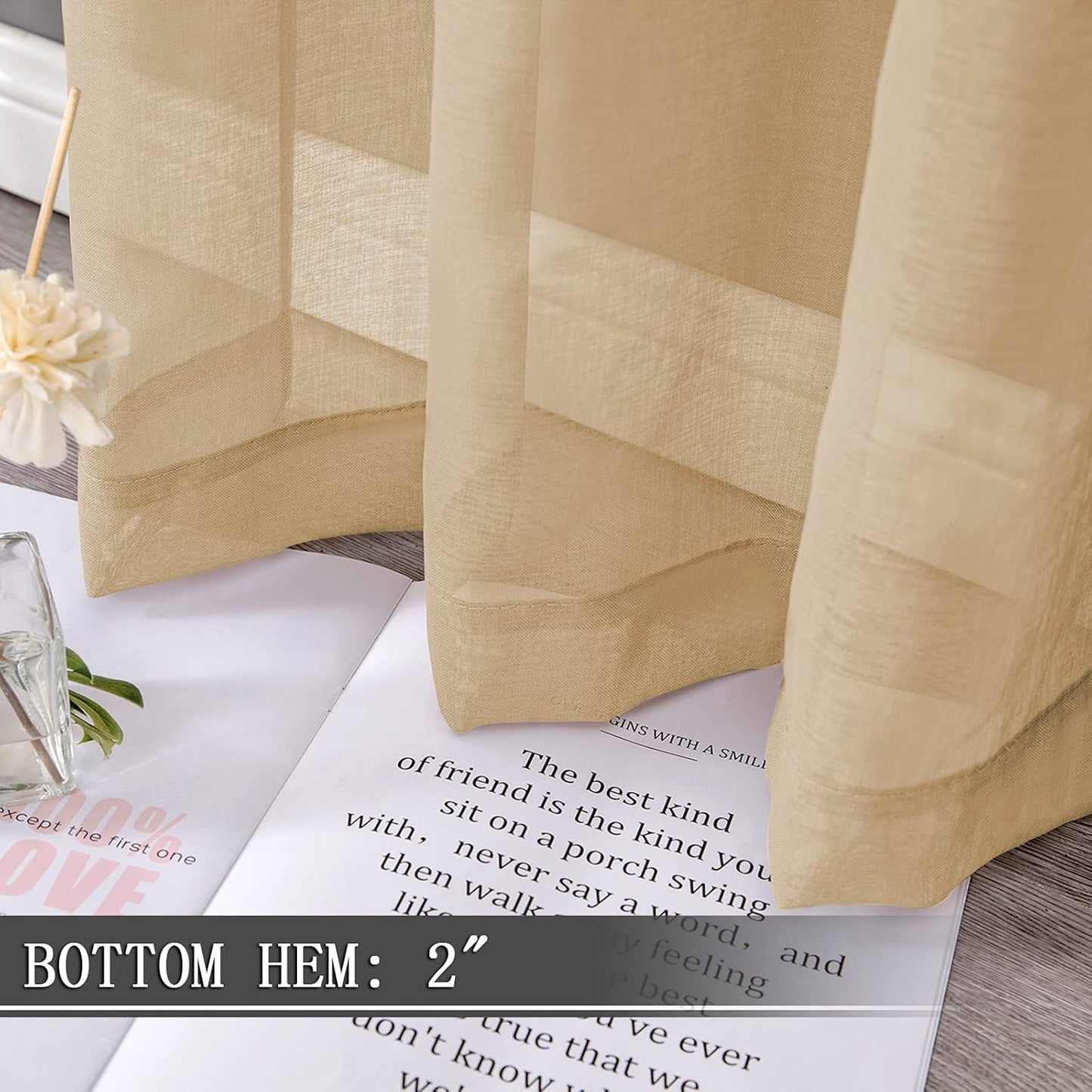 Tollpiz Sheer Curtain Linen Textured Bedroom Curtains Sheer Light Filtering Rod Pocket Voile Curtain for Living Room, 54 x 95 inches Long, Beige, Set of 2 Panels