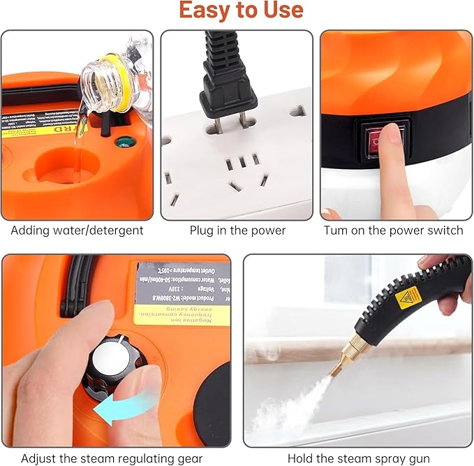 Steam Cleaner, 2500W High Pressure Steam Cleaner for Home, Steamer for Cleaning with 3 Brush Heads, 2 washers and Extended Rod, Handheld Steam Cleaner for Upholstery, Kitchen, Bathroom (Orange)