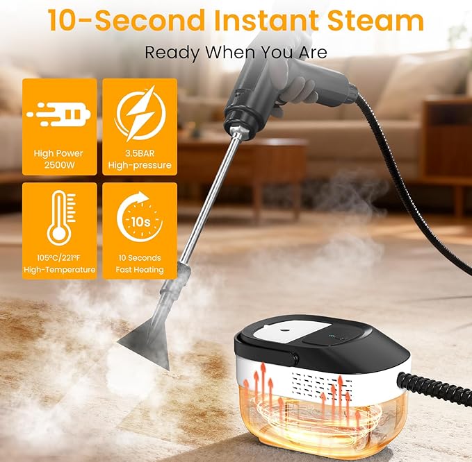 Pressurized Steam Cleaner 1.6L, 3-Level Adjustable Steamer for Cleaning, 10s Heat-Up, 2500W Handheld Steamer Cleaner for Home, Car, Kitchen, Floor, Multi-Surface Cleaning Machine, 22pcs Accessories