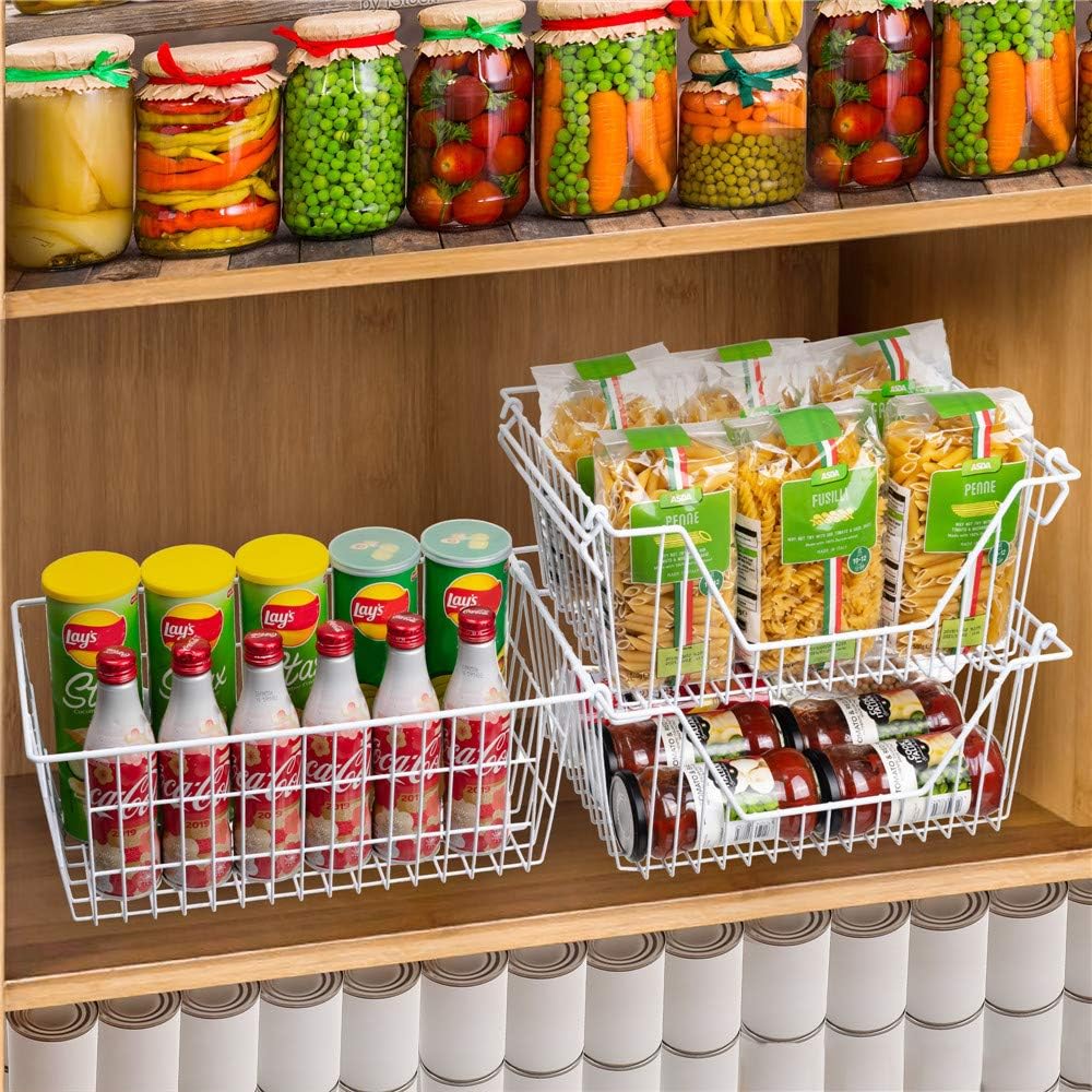 SANNO Freezer Baskets Wire Storage Baskets Closet Storage Baskets Bins Refrigerator Storage Containers for Home Office, Bathroom, Pantry Organization Storage Bins -Set of 3, White, 15.7"
