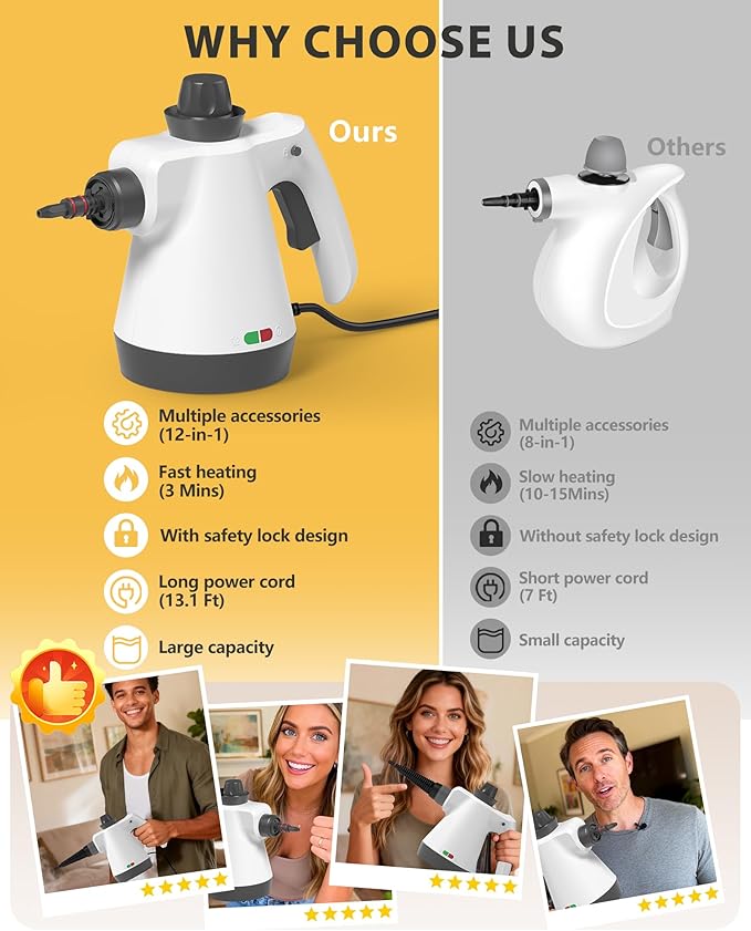 Steam Cleaner - Handheld Steam Cleaner with 12Pcs Accessories & Safety Lock, Pressurized Handheld Steam Cleaner for Home, Tile, Windows, Bathrooms, Kitchens, Grease, Car (Grey)
