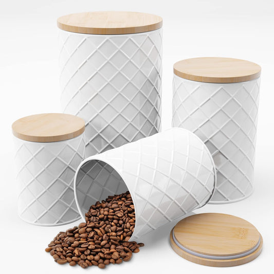 Pebble & Stem® White Metal Canister Set for the Kitchen Counter, Food Canister Set of 4, Airtight Lids, Sugar and Flour Containers for Countertops, Coffee and Tea Storage, Farmhouse Decor