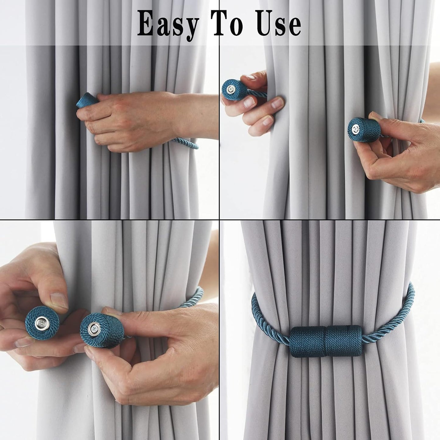 2 Pack Strong Magnetic Curtain Tiebacks Outdoor Elegant Decorative Tie Backs Modern Rope Tiebacks for Drapes Window Curtain Holdbacks for Draperies- Blue