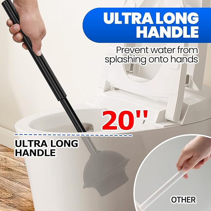 4-Piece Toilet Brush and Plunger Set, Extended Handle Plunger,Toilet Bowl Brush Plunger Set,Bathroom Cleaning Tools,Cleaning Brush,Cleaning Supplies,Toilet Brush Plunger Combo,Black（20inch）