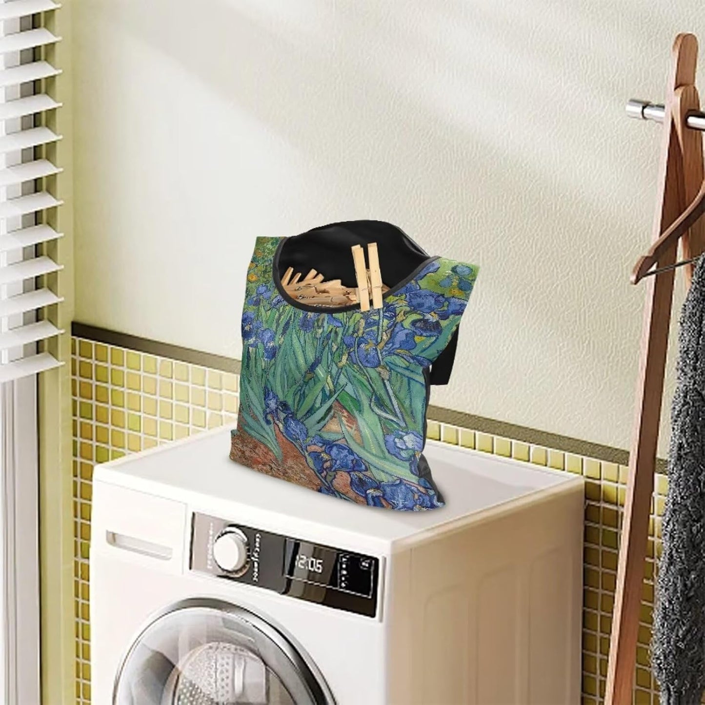 Famous Oil Painting Iris Print Home Clothespin Organizer Bag 14.5"x12" - Large Opening Design for Easy Access - Weather Resistant Hanging Storage Solution for Laundry Rooms Decor