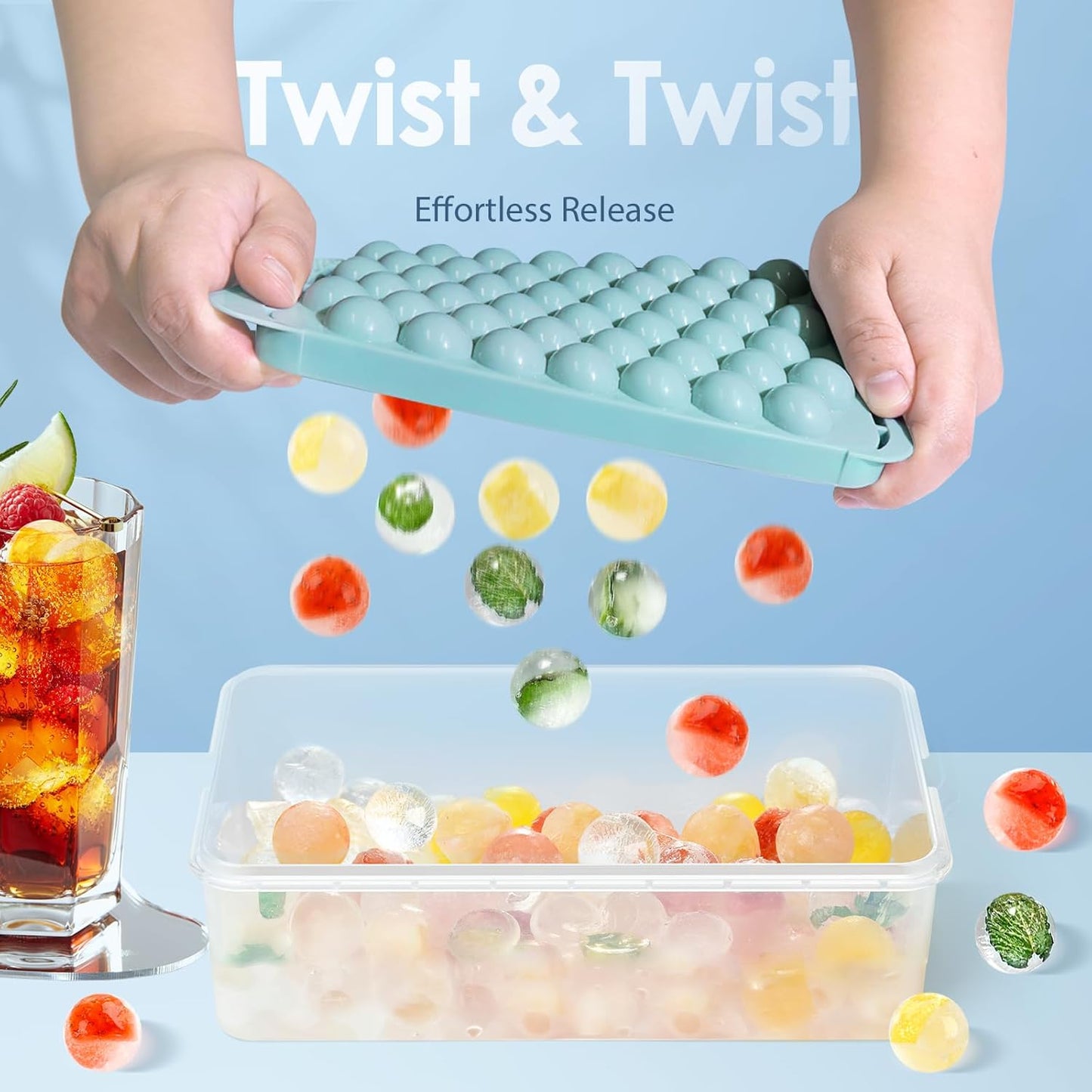 WIBIMEN Ice Cube Tray with Lid and Bin - Round Ice Trays for Freezer with Lid - Ice Cube Trays for Freezer with Ice Container (0.8"-2PACK Blue)