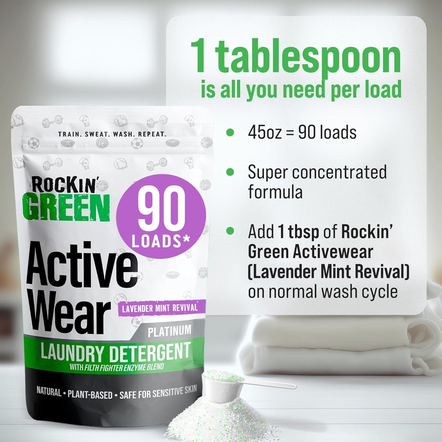 Rockin' Green Laundry Detergent, Plant based, All Natural Laundry Detergent Powder, Vegan and Biodegradable Odor Fighter, Safe for Sensitive Skin (Active Wear 90 Loads - Lavender Mint)