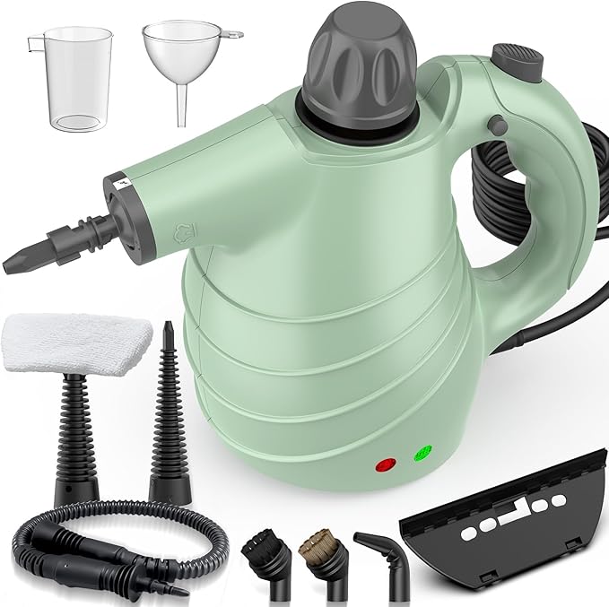 Handheld Steam Cleaner for Home, High-Pressure Chemical-Free Steamer with 10 Accessories for Deep Cleaning and Less Scrubbing on Kitchen Grease, Bathroom Tile, Grout, Floor and Couch(Green)