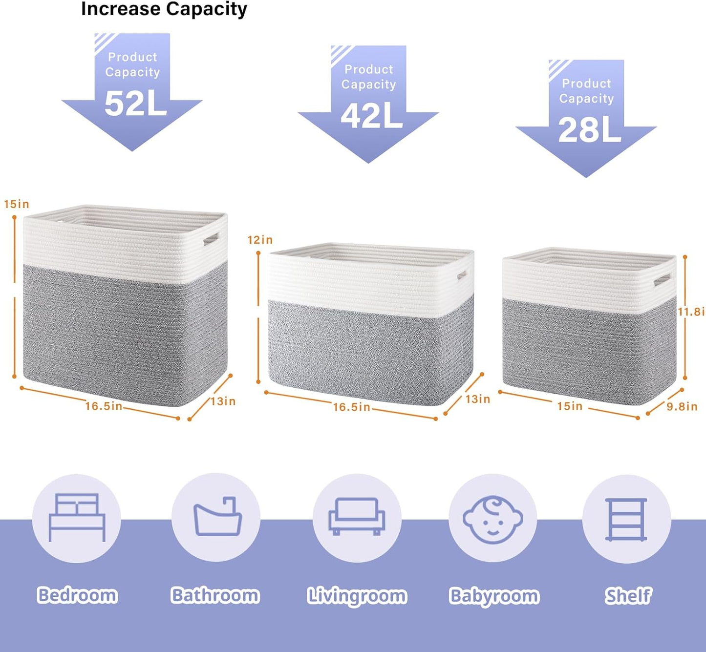 OIAHOMY Storage baskets for Shelf, Toy Storage Basket, Collapsible Storage Bins, Blanket Basket Living Room, Closet Storage for Bedroom, 15 x 9.8 x 11.8 Inches-Pack of 2-Grey, FSB-H-P-01