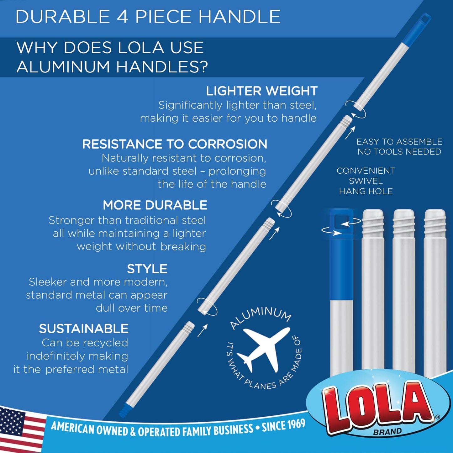 Angle Broom, 13" W Head, Large Style, Made w/Recycled Soda Bottle Bristles, & Aluminum, Includes Swivel Hang Cap for Storage -by LOLA, 1 Pack
