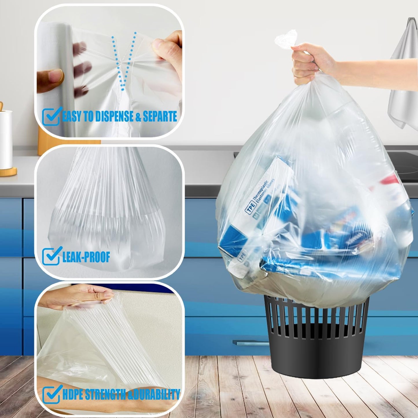 Trash Bags 13 Gallon, 1000 Count Bulk Value Pack, Clear Plastic Recycling Garbage Bags, Multi-purpose Tall Kitchen Trash Bags Can Liners for Business Home Commercial and Industrial