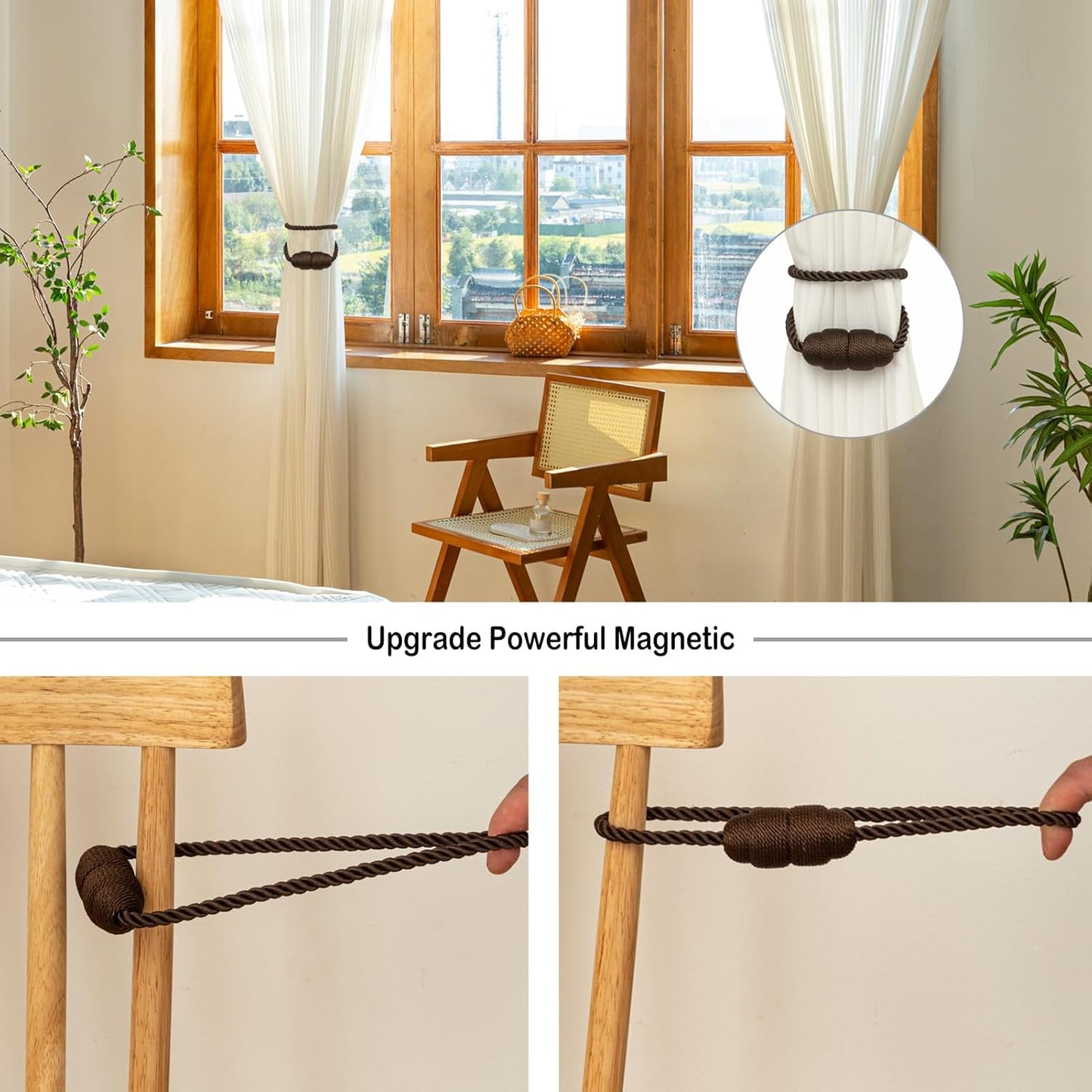 Magnetic Curtain Tiebacks Rope Curtain Tie Backs for Curtains 2 Pack Curtain Holders for Drapes Decorative Window Curtain Holdbacks, Coffee