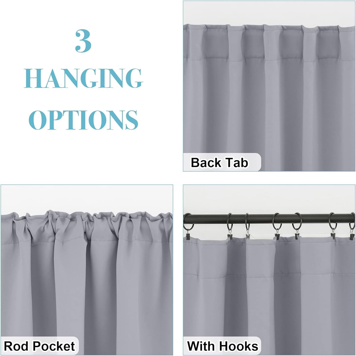 RYB HOME Kitchen Window Curtains - Blackout Privacy Half Window Curtains for Bedroom Bathroom Dining Living Room Cafe Office Short Tiers Drapes, W 34 x L 36 inches, 2 Panels, Silver Grey
