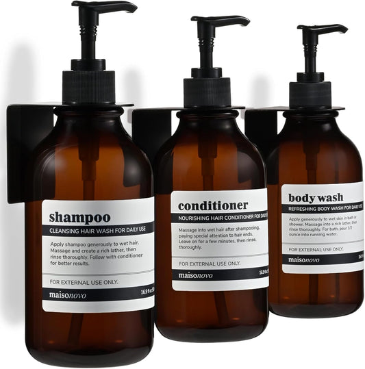 MaisoNovo Shampoo and Conditioner Dispenser - Shower Soap Dispenser Wall Mounted - 16.9 fl oz Set of 3 Amber Plastic Bottles Black Pump - 3 Chamber No Drill