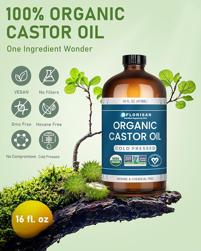 Organic Castor Oil 16oz Glass Bottle, Cold Pressed, Hexane-Free, Non-GMO, 100% Pure Castor Oil for Hair Growth, Skin, Lashes, Eyebrows, EWG Verified & USDA Organic Certified