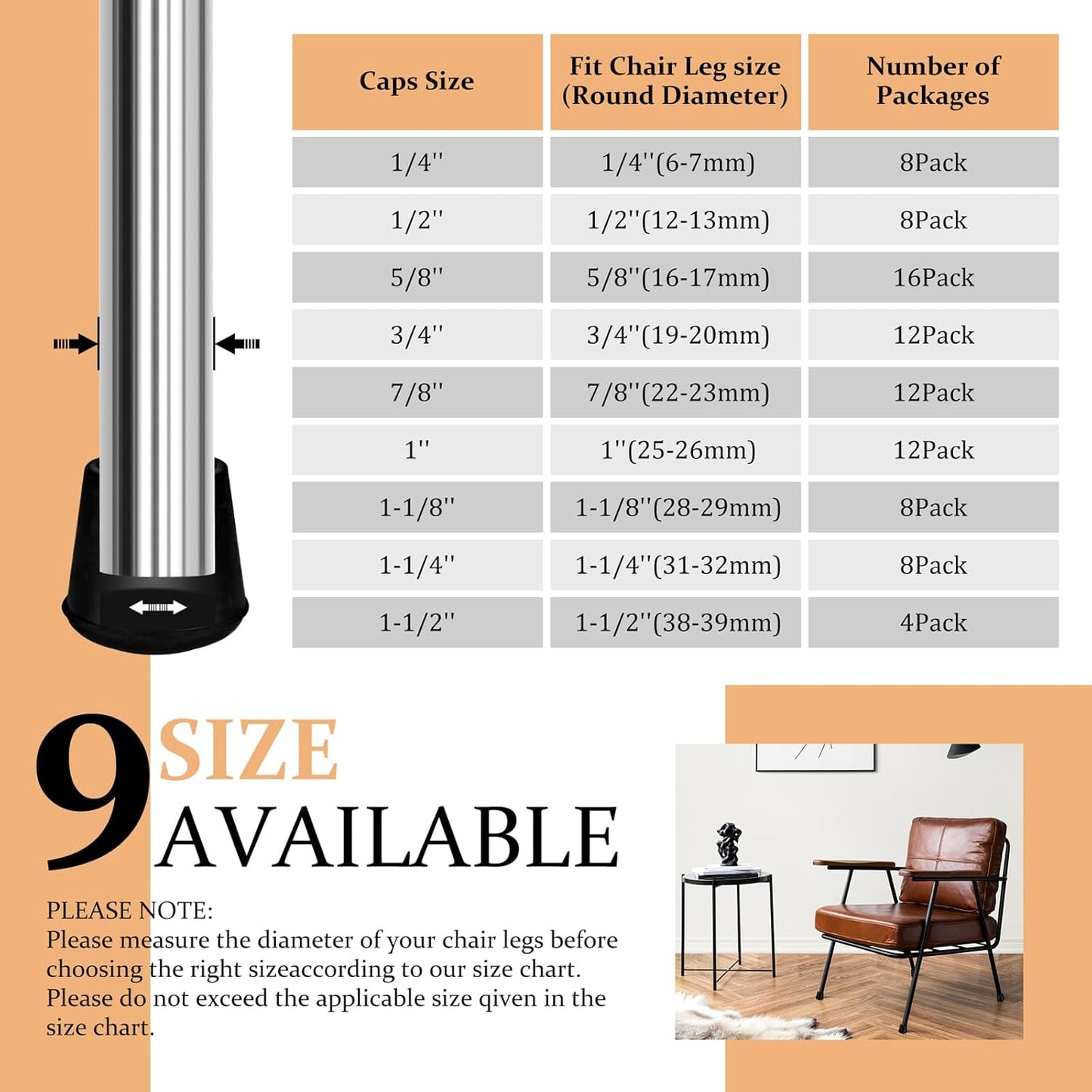 1-1/2” Round Rubber Chair Leg Tips Caps, Chair Leg Floor Protectors Furniture Legs Caps Non Slip Reduce Noise for Hardwood Floors (Black, 4 Pack, Fit :38-39mm)