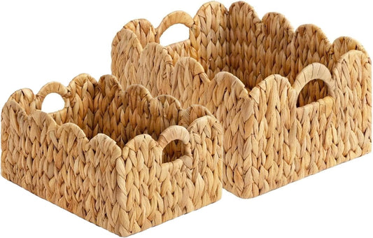 Set of 2 Scalloped Edge Wicker Storage Basket with Built-in Handles, Rectangle Water Hyacinth Basket for Organizing, Decorative Woven Rattan Basket for Shelf, Nursery Room