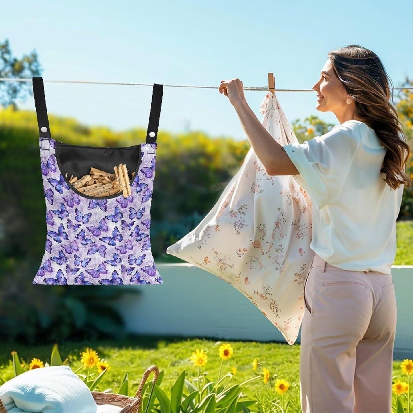 2 Pcs Butterfly Purple Clothespin Bag for Clothesline Outdoor, Soft & Lightweight Hanging Bag for Laundry, Clothes Pins Bag Holder Outdoor, Clothes Pin Bag for Outside