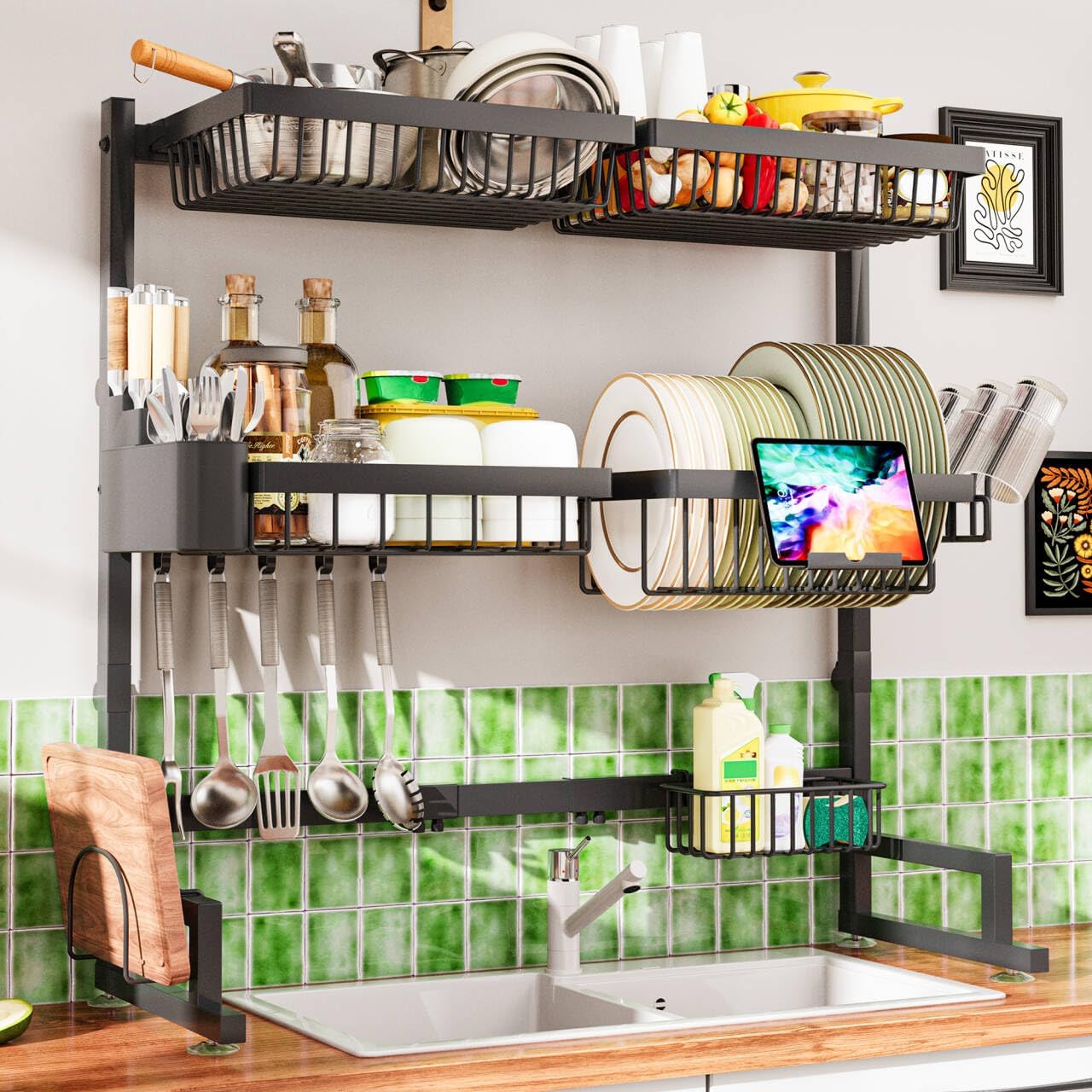 3-Tier Over Sink Dish Draining Rack, Adjustable Width and Height, with Phone Holder, Cup Holder, Knife and Chopstick Holder, Cutting Board Rack, Space-Saving Rack