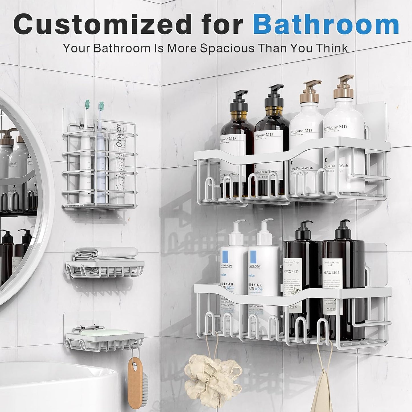 EUDELE 5-Pack Rustproof Stainless Steel Shower Caddy – No Drill Adhesive Bathroom Organizer with Large Capacity, Spacious Shower Shelves for Inside Shower, Kitchen & Home Decor Storage-XL Size