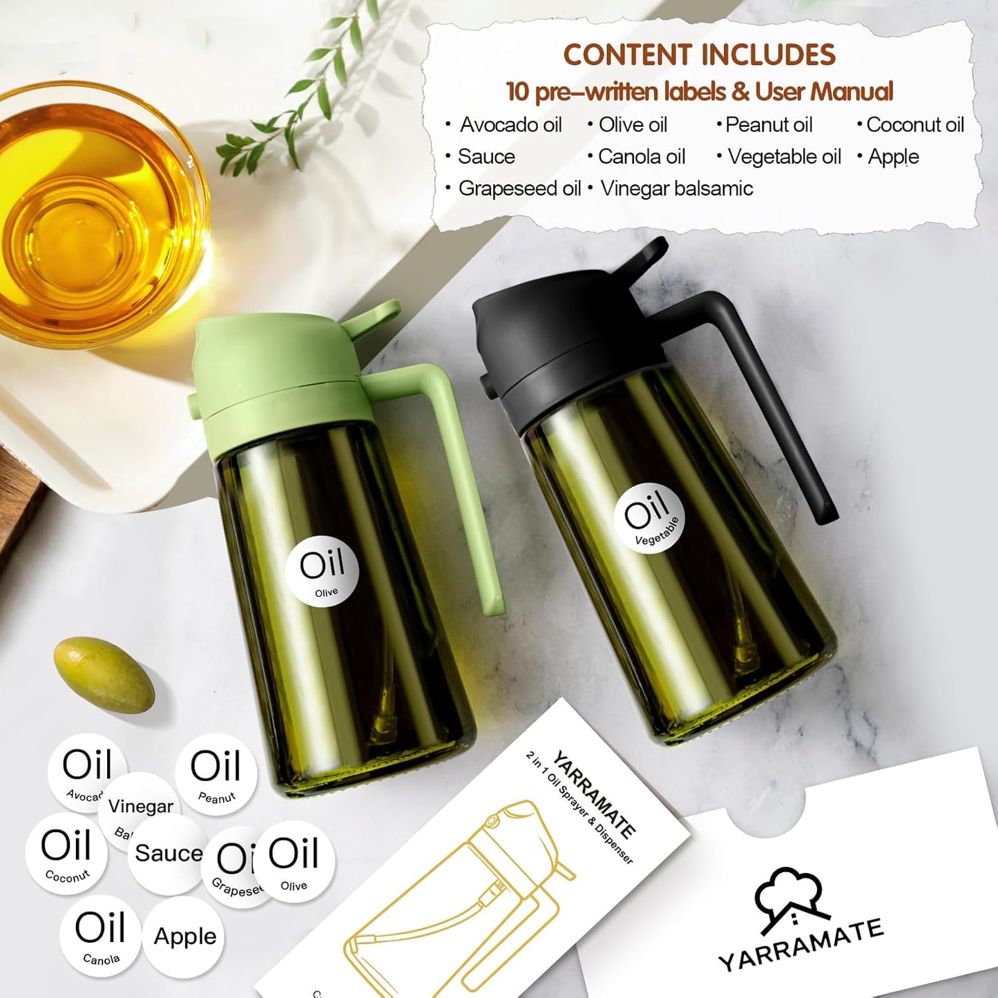 YARRAMATE 16oz/470ml Light Blocking Oil Sprayer for Cooking with Stickers, Food-Grade 2 in 1 Olive Oil Dispenser Bottle for Kitchen, Premium Dark Green Glass Oil Bottle for Air Fryer, BBQ (Green)