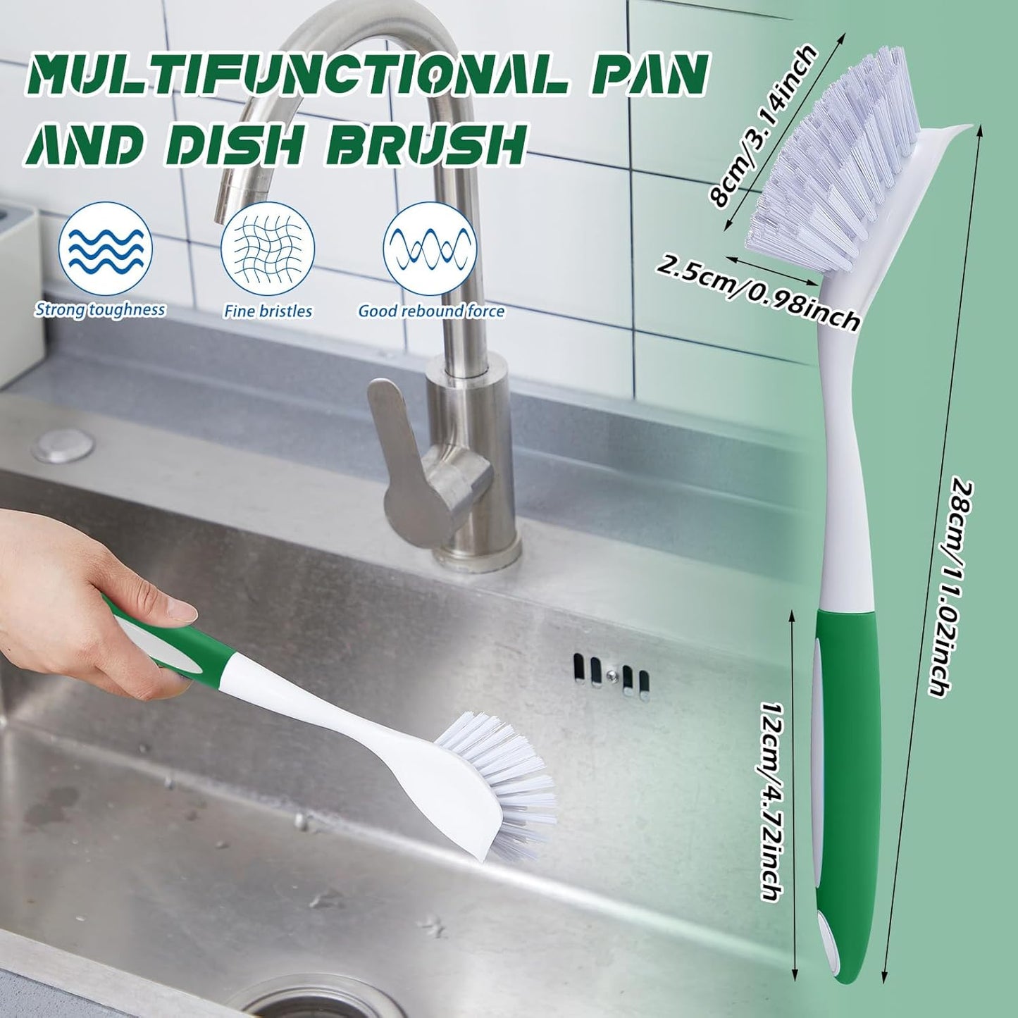 Hsei 20 Pcs Green Kitchen Scrub Dish Brush Bulk with 11 Inch Anti Slip Handle Cleaning Dish Scrubber with Stiff Bristles Washing Scrub Brushes for Housekeeping for Pots and Pans, Kitchen Sink