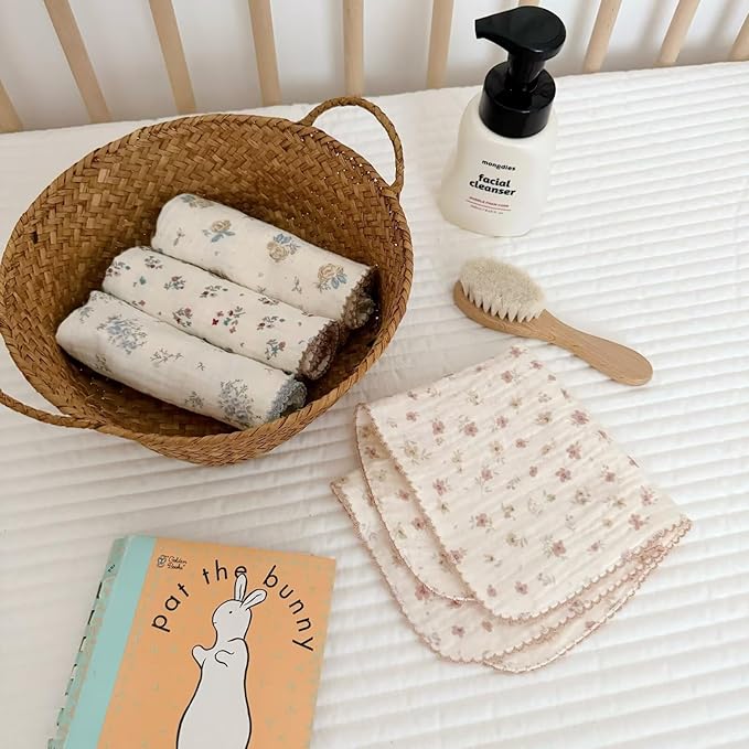 BuLuTu Double-Layer Muslin Cotton Cleaning Cloths Chic Shabby Floral Print Towels Set - Pack of 4, 11x11 Inches, Soft, Absorbent, No Shrink, Kitchen Towel Wipe Dishcloths Cleaning Rags