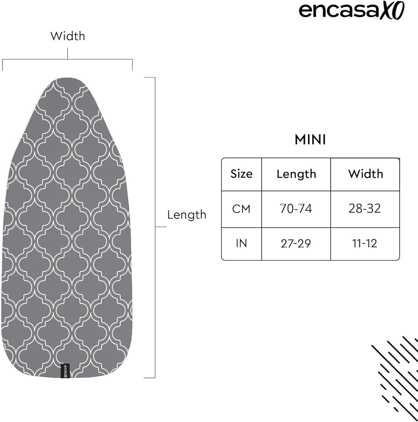 Encasa XO Ironing Board Cover and Pad 28"x12" - Thick 3mm Felt Padding, Drawstring Tightening & Lock, Easy Fit, Scorch & Stain Resistant, Fits Mini Ironing Board - Grey Tiles