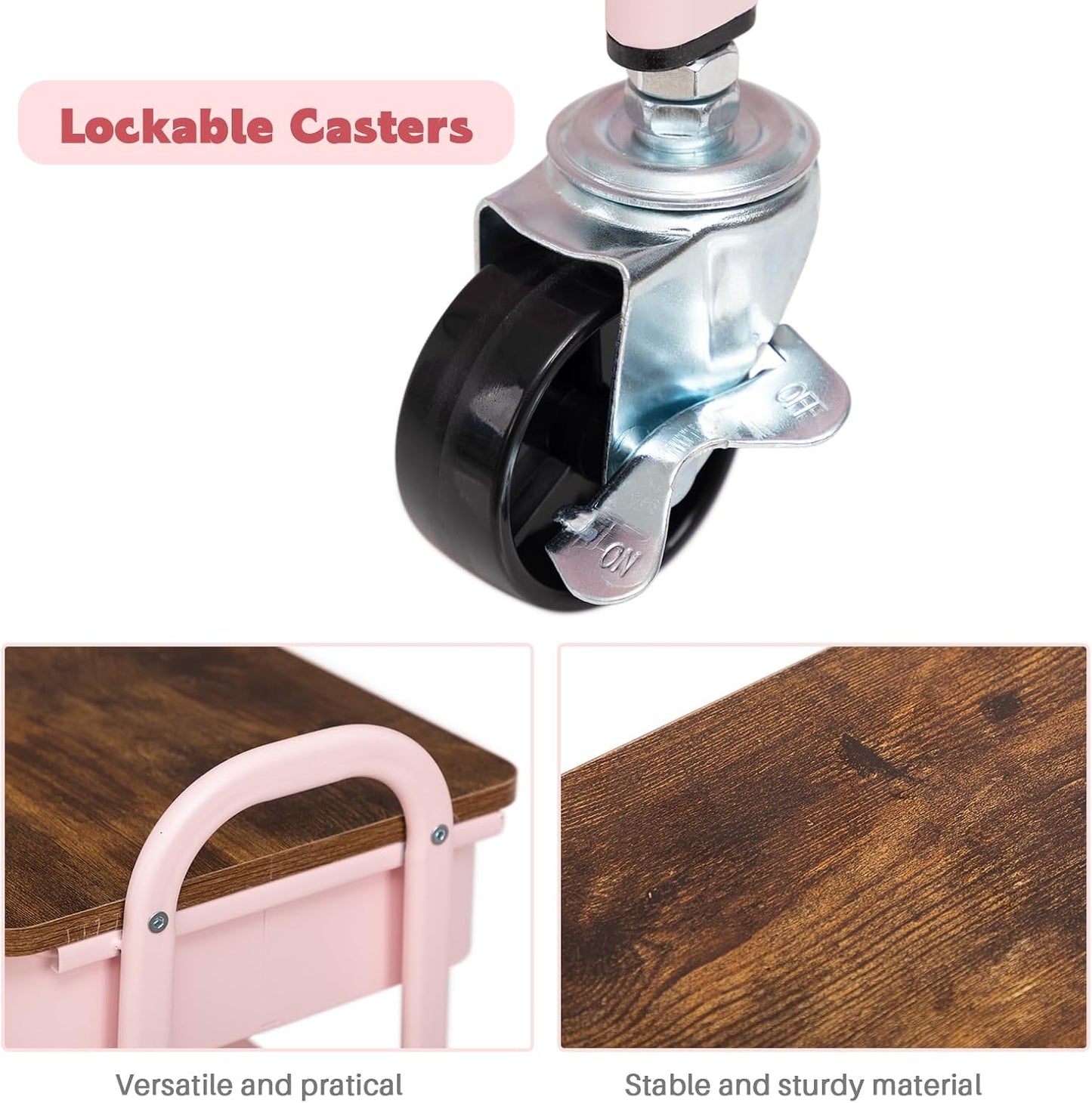 AGTEK Makeup Organizer Cart with Drawer, 3-Tier Metal Utility Cart with Hanging Cups, Leather Handle, Mobile Trolley for Home & Office, Pink