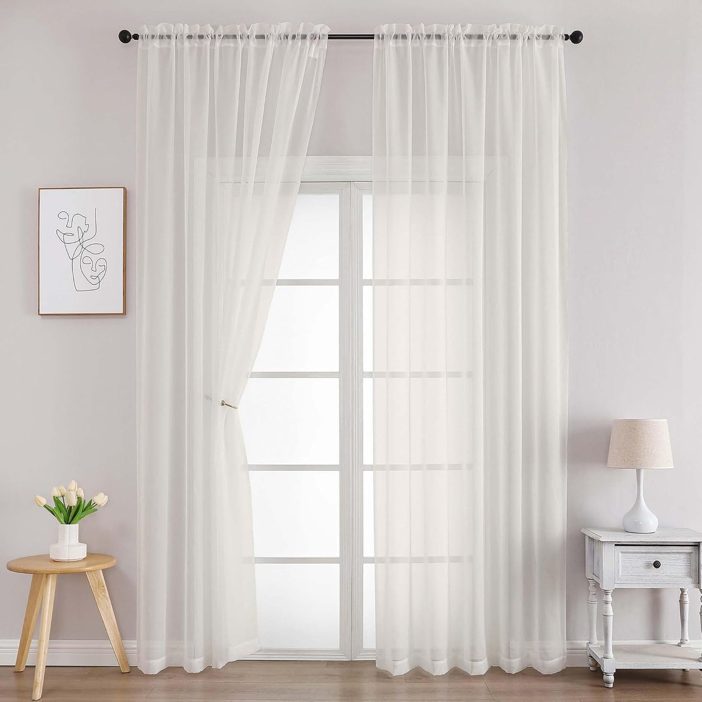 Chyhomenyc Ivory Sheer Curtains 96 Inches Long 2 Panels, Light Filtering Ivory Curtains for Living Room, Soft Gentle Voile Rod Pocket Bedroom Window Drapes, 59Wx96L Inch, 2PCS
