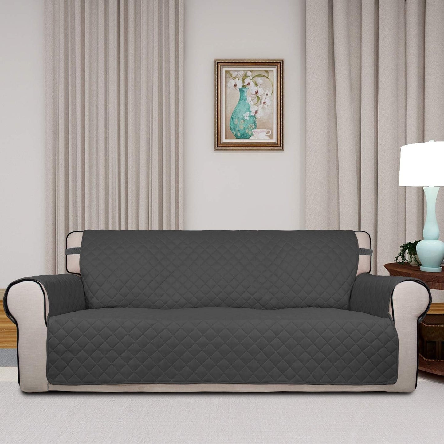 PureFit Reversible Quilted Sofa Cover, Water Resistant Slipcover Furniture Protector, Washable Couch Cover with Non Slip and Elastic Straps for Kids, Dogs, Pets (Sofa, Dark Gray/Beige)