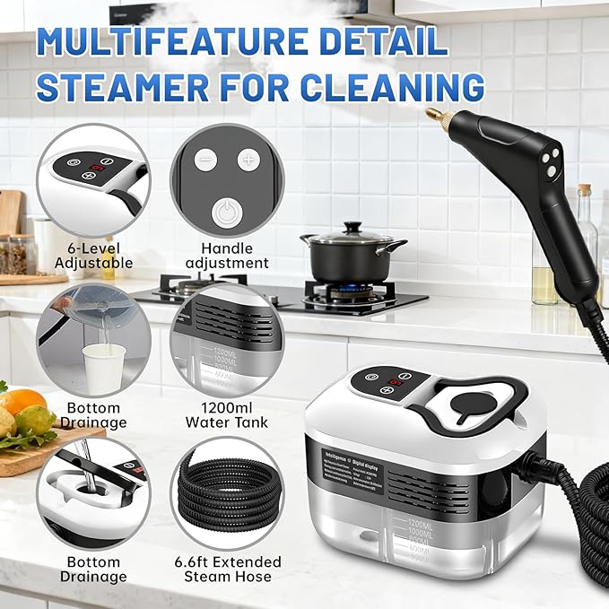 Pressurized Handheld Steam Cleaner, Portable Steamer for Cleaning with 1.2L Large Tank, 15s Fast Heat-Up, 6-Level Adjustable, Powerful Steam Cleaner for Home, Car, Kitchen, Tile, Grout(White)