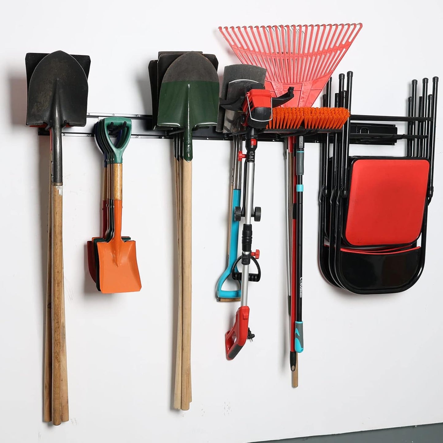 Wallmaster Garage Storage Organization Wall Mount, Garden Tool Rack Organizer Heavy Duty Folding Chair Hangers with 6 Adjustable Hooks 48inch Tracks Max Load 450lb