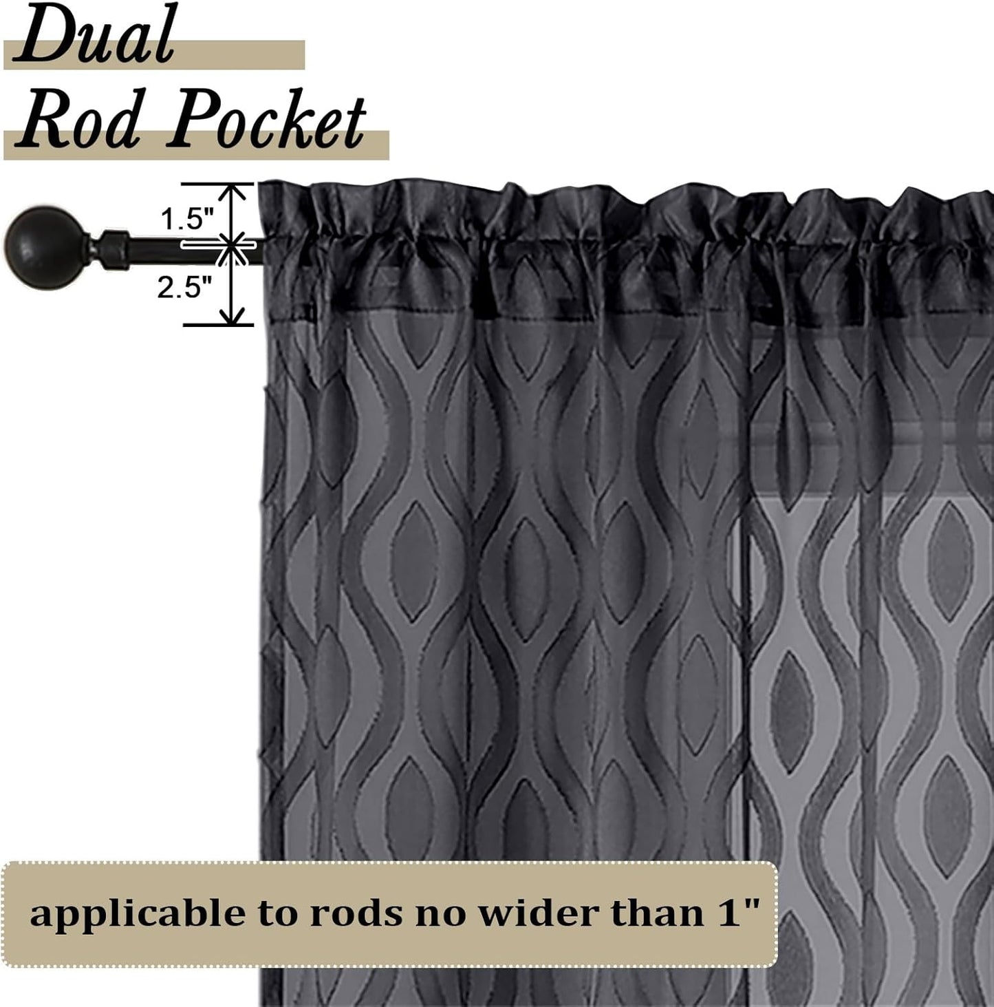 Aiyufeng Extra Long Sheer Curtains 96 Inches Long for Bedroom 2 Panels Set, Farmhouse Black Wavy Line Light Filtering Clip Jacquard Solid Voile Living Room Curtains, Dual Rod Pocket, 40"Wx96"L Inches