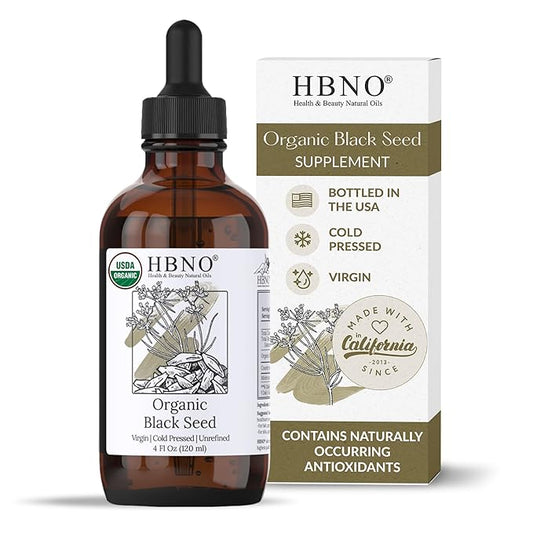 HBNO Organic Black Seed Oil - Huge 4oz (120ml) Glass Bottle Value Size - USDA Certified Organic Black Seed Oil, Cold Pressed for Face, Body, Lips, Shampoo & Conditioner