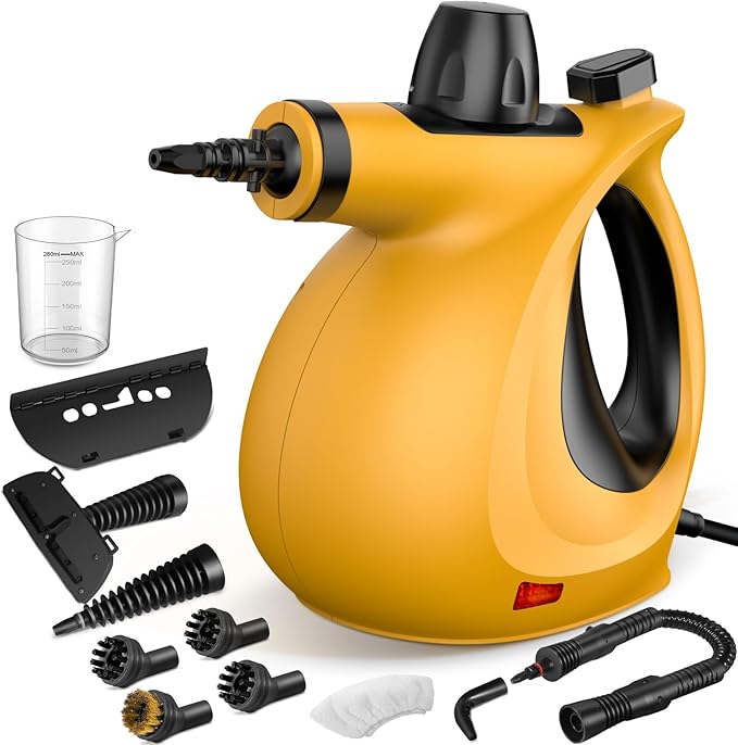 Pressurized Handheld Multi-Surface Natural Steam Cleaner with 12 pcs Accessories, Multi-Purpose Steamer for Home Use, Steamer for Cleaning Floor, Upholstery, Grout and Car (Orange)