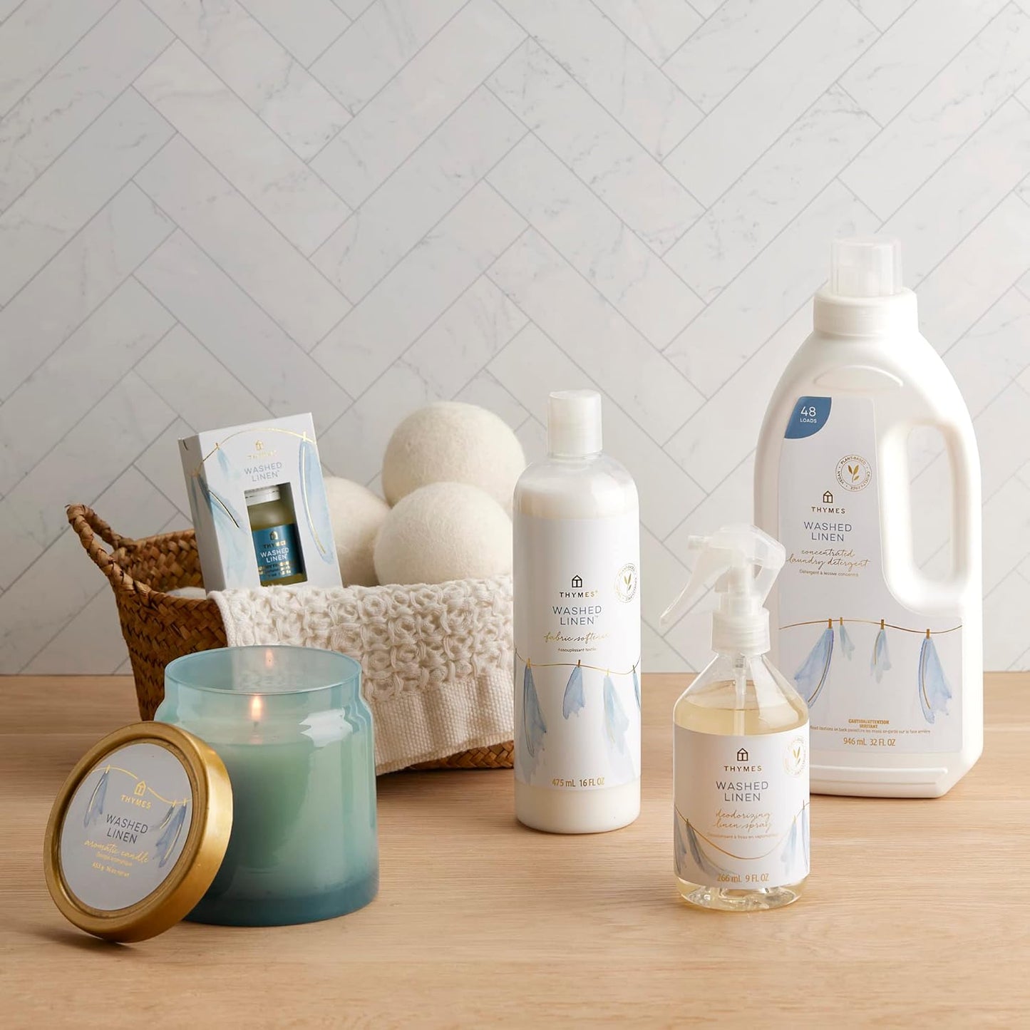 Thymes Wool Dryer Balls Set – Includes 3 Wool Laundry Balls + 1 Scented Laundry Fragrance Oil for Dryer – Eliminate Wrinkles, Static & Lint (Washed Linen, 0.5 fl oz)