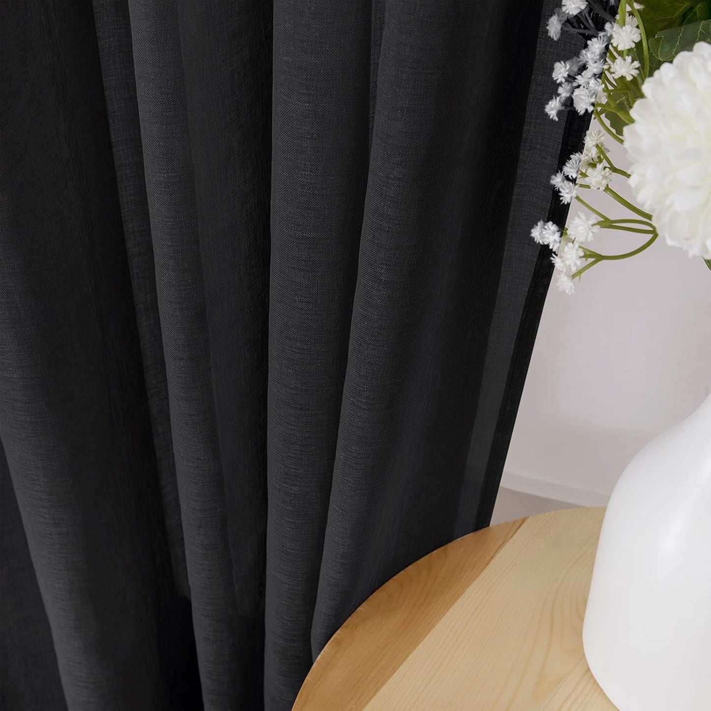 Tollpiz Sheer Curtains Linen Textured Living Room Curtain Sheers Light Filtering Rod Pocket Voile Curtains for Bedroom, 42 x 63 inches Long, Black, Set of 2 Panels