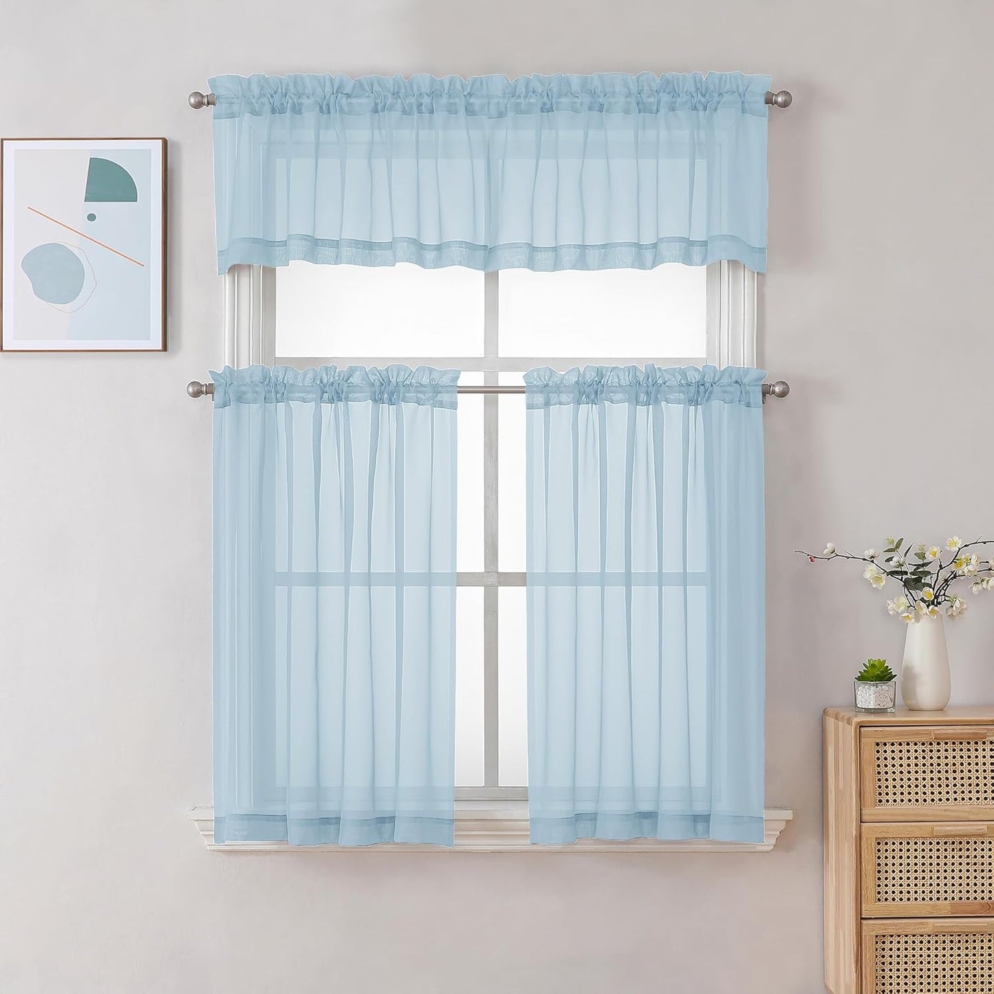 Chyhomenyc Sky Blue Sheer Curtains 36 inch Length 2 Panels, Light Filtering Voile Light Blue Short Window Curtians for Bathroom Living Room Farmhouse Small Windows, 42Wx36L inches