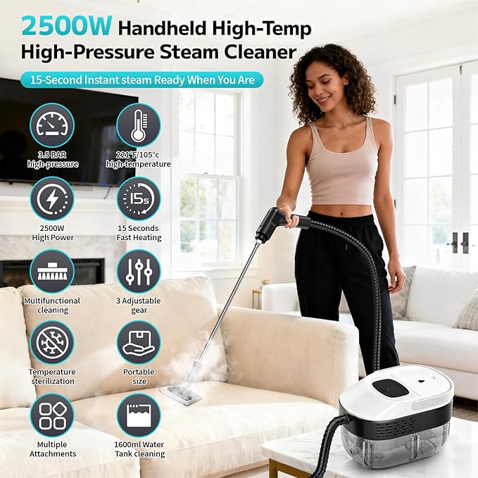 Pressurized Steam Cleaner, 54oz Large Tank, Portable Steamer for Cleaning with 15-Piece Kit, 15s Fast Heat-Up, 3-Level Control, Handheld Steam Cleaner for Home, Car, Kitchen, Tile, Grout(White)