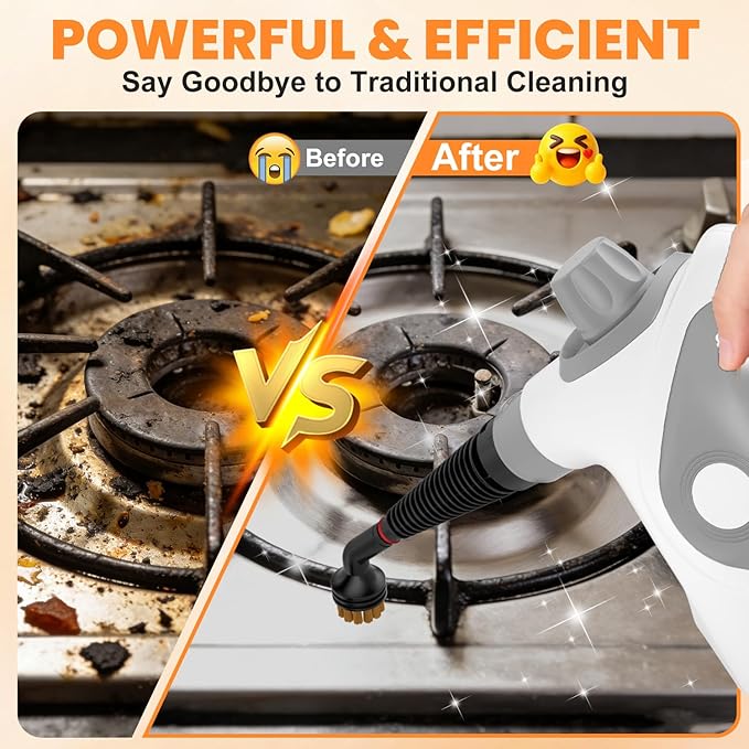 Handheld Steam Cleaner for Home, Pressurized Portable Steamer for Cleaning with 15 Accessories for Multi-Surface Cleaning, Floors, Tiles, Grout, Kitchen, Bathroom, Couch & Car(Grey Cap&Grey Handle)