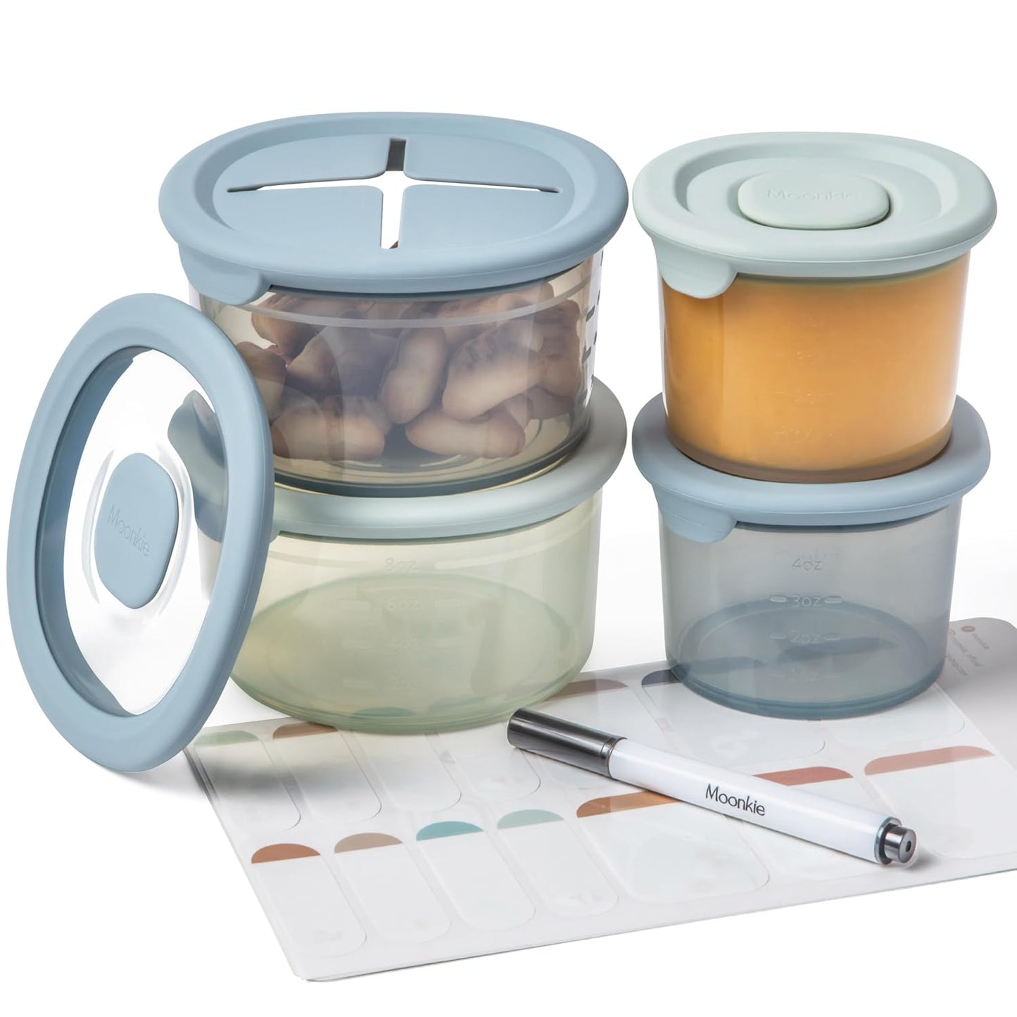 Moonkie Silicone Baby Food Containers | 8oz/4 oz Baby Food Storage Jars with Airtight Lids and A Snack Cup Lid | Freezer,Microwave and Dishwasher Safe, Reusable Baby Food Jars for Infant & Toddler