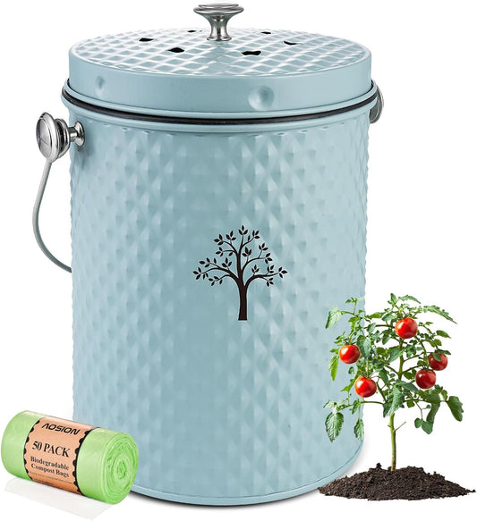 AOSION Countertop Compost Bin Kitchen,Odor Resistant Indoor Compost Bin with Lid and Compost Bags,Compost Bucket Composter Container for Food Waste,Blue