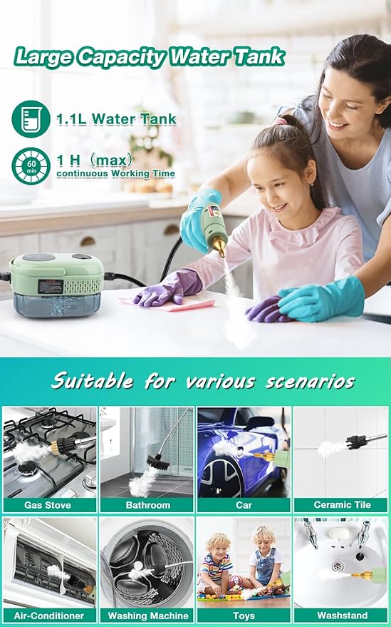 Steam Cleaner, 2500W High Pressure Handheld Steamer, 6-gears adjustable, Portable Steam Cleaning Machine with 6 Brushes, Cleaning for Home Use, Kitchen, Bathroom,Hard Surface,Car Detailing (Green)